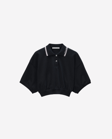 Logo織帶領短版Polo衫/黑色