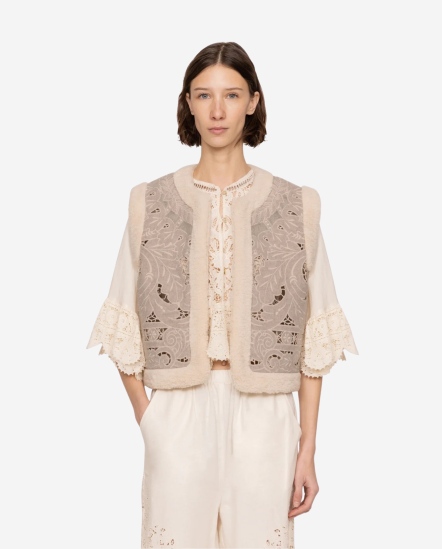 燒花蕾絲短版背心外套/燕麥色