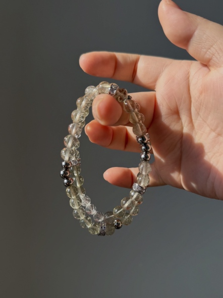 利比亞黃金隕石6mm配鑽切白水晶雙圈手串