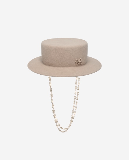RB字珍珠串鍊毛氈平頂紳士帽/粉膚