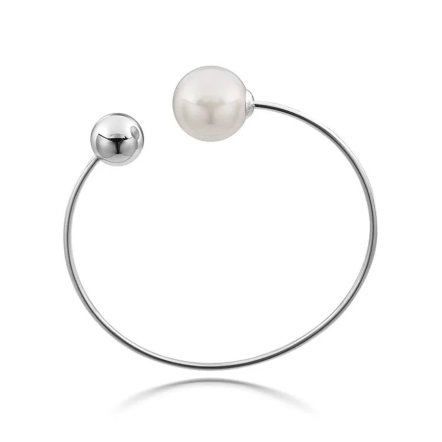 Aura圓球-白珍珠細金屬C型手環/銀色