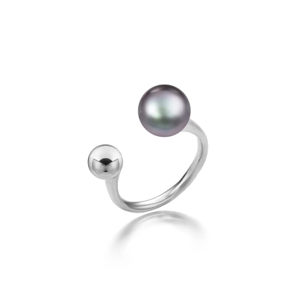 灰紫+銀雙珍珠C型戒指