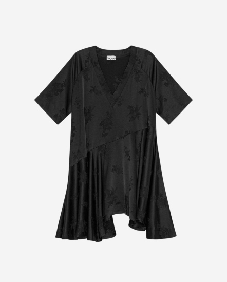 緞面緹花不對稱短袖洋裝