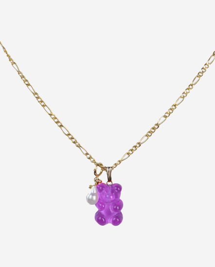Chain & Gummy小熊單顆珍珠項鍊/紫色