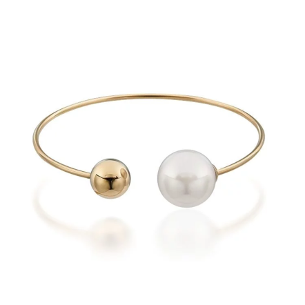 Aura圓球-白珍珠細金屬C型手環/K金