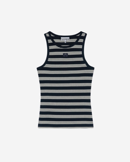 蝴蝶徽標米白橫條背心/深藍色