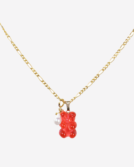Chain & Gummy小熊單顆珍珠項鍊/紅色