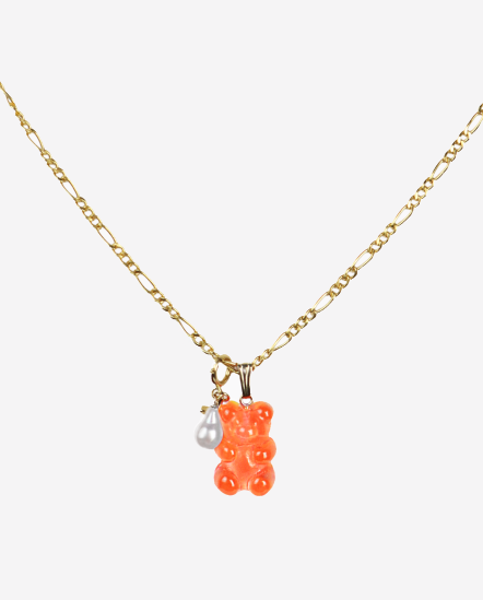 Chain & Gummy小熊單顆珍珠項鍊/橘色