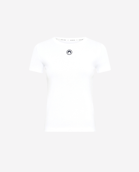 前撞色月亮刺繡短袖T/腰身/白色