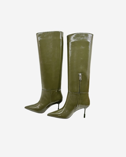 皮革細高跟長靴/暗橄欖綠