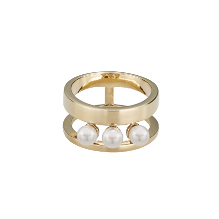 3顆白小珍珠雕空雙圈工型戒指