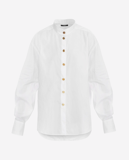 小立領金釦皺袖長袖襯衫/白色