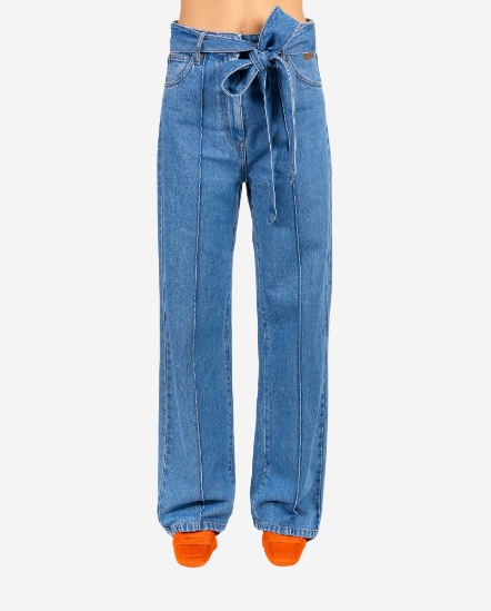 直條車線綁帶牛仔褲