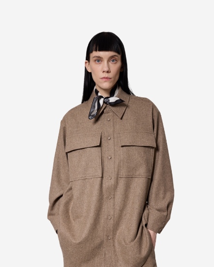 毛料雙口袋寬版襯衫/駝色
