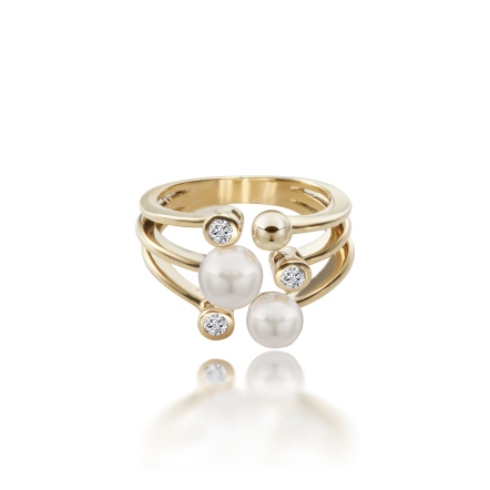雙顆白小珍珠+3鑽三爪環戒