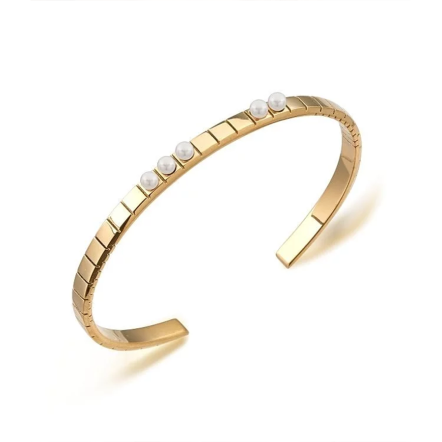 Alix鑲小珍珠方格金屬C型手環