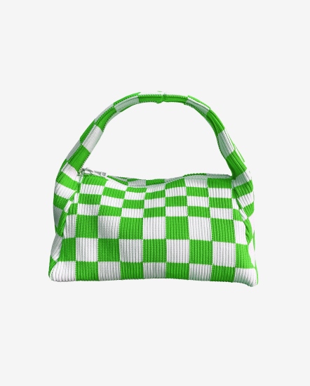 L22213 Ichimatsu白色棋盤格長型針織手提袋/綠色