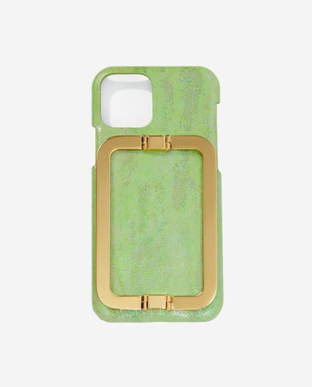極光紋金屬支架皮革手機殼/I13pro/粉綠